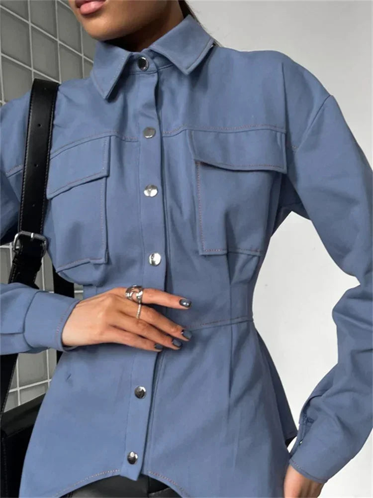 Lapel Patchwork Shirts for Slim Long Sleeve Pocket High Waist Autumn Cardigan Shirts