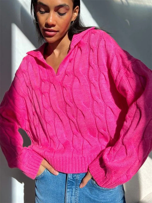 Loose Lapel Patchwork Sweater Pullover Female Long Sleeve High Waist Y2k Top Knitwear Baggy Autumn Oversized Sweater