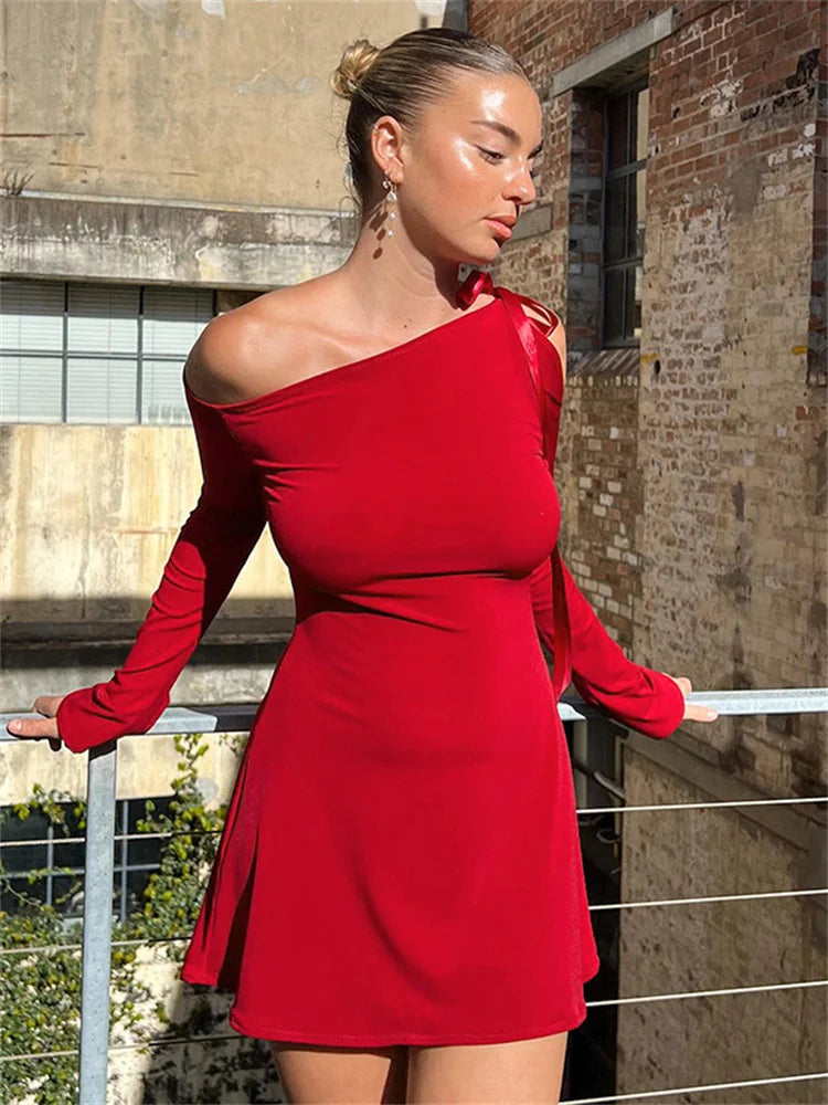 Off-shoulder Ruffled Bandage Mini Dress for Long Sleeve Patchwork Lace-up Dress Female Dress