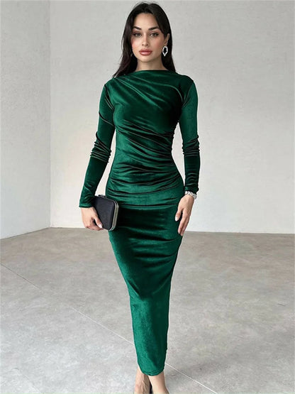 Pleated Slim Maxi Dress for High Waist Long Sleeve Patchwork Party Dress Long Dress New