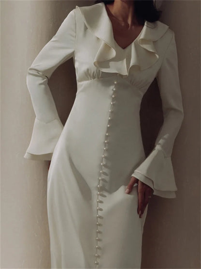Ruffled for Long Dress V-neck Patchwork Long Sleeve Slim Party Dress Gown White Spring Maxi Dress