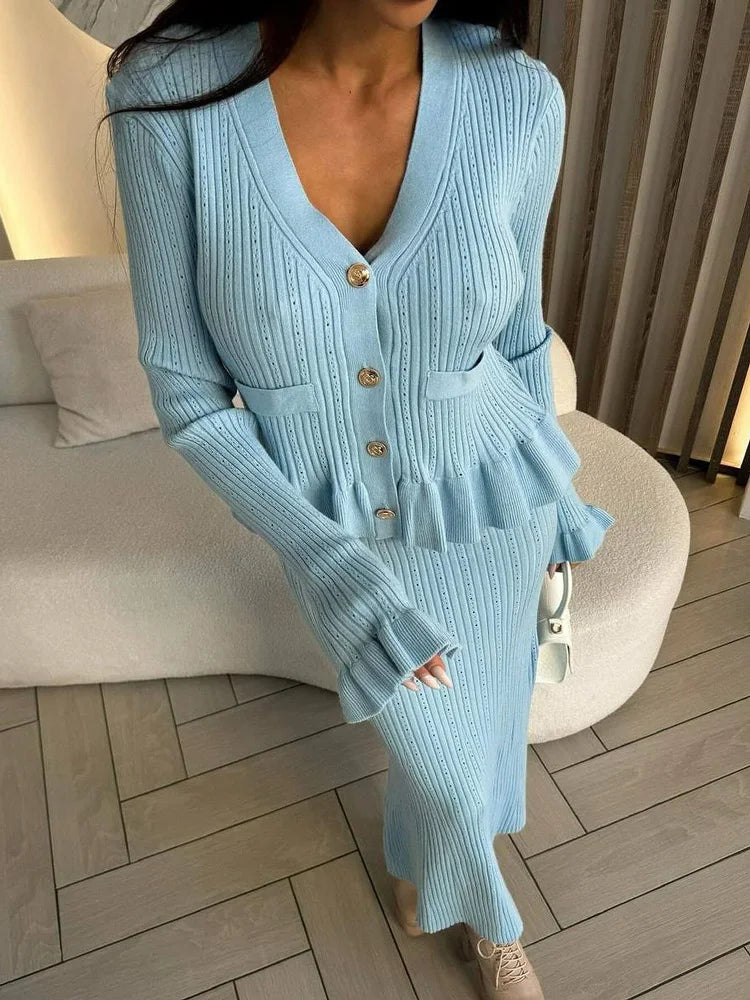 Ruffled Knit Maxi Dress ’s 2 Piece-set V-neck Hollow Out Patchwork Party Dress Female Knitwear Dress