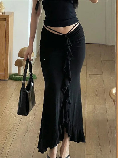 Ruffled Tassel Skirt for Patchwork Pleated Y2k Skirt Low Waist Lace-up Slim Outfits Black Midi Skirt