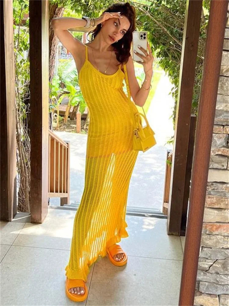 Ruffled See-through Backless Halter Dress Female Sleeveless Hollow Out High Waist Gown Spaghetti Maxi Dress