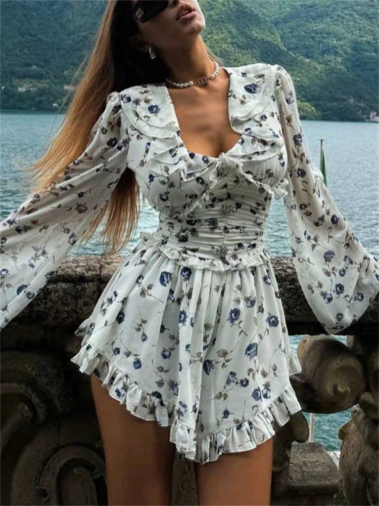 Ruffled V-neck Printed Mini Dress Female Bandage Autumn Lace-up Contrast Drawstring Dress for Party Dress