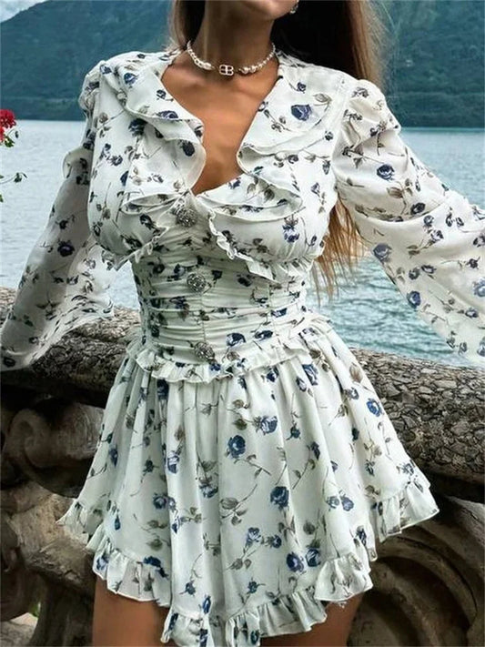 Tavimart - Ruffled V-neck Printed Mini Dress Female Bandage Autumn Lace-up Contrast Drawstring Dress for Party Dress