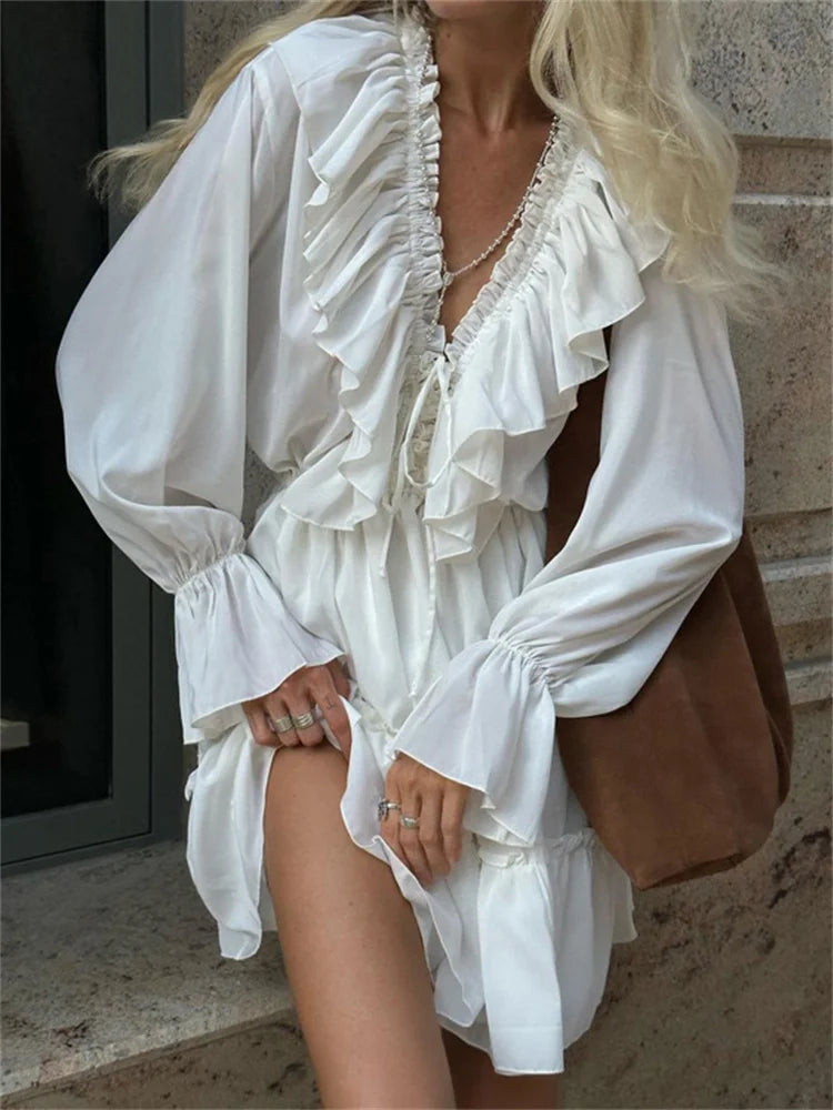 Ruffled V-neck White Mini Dress – Long Sleeve Bandage Dress