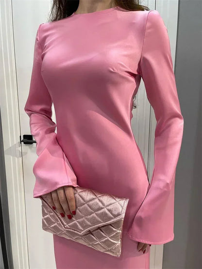 Satin Slim Maxi Dress for Long Sleeve High Waist Party Dress Autumn Dress