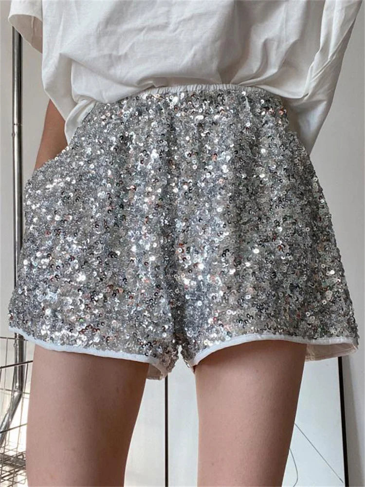 Sequin High Waist Patchwork Shorts for Summer Glitter Baggy Slim High Street Outfit Shorts Tracksuit