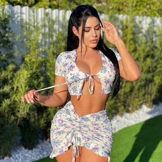 Dress Two Piece Set Summer Set Hollow Out Crop-top and Skirt Suit Cross Lace Up New Dresses