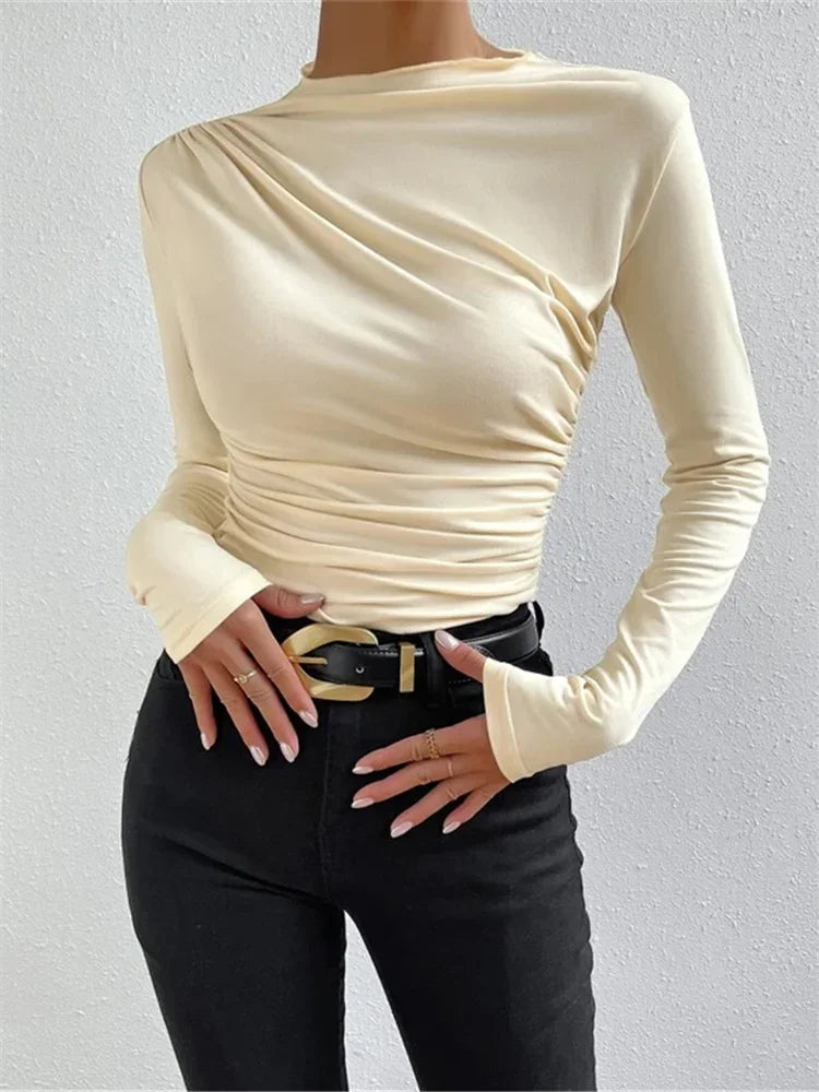 Pleated T-shirt for Patchwork Long Sleeve High Waist Inner Ruffled Crop Top Y2k Top Tee