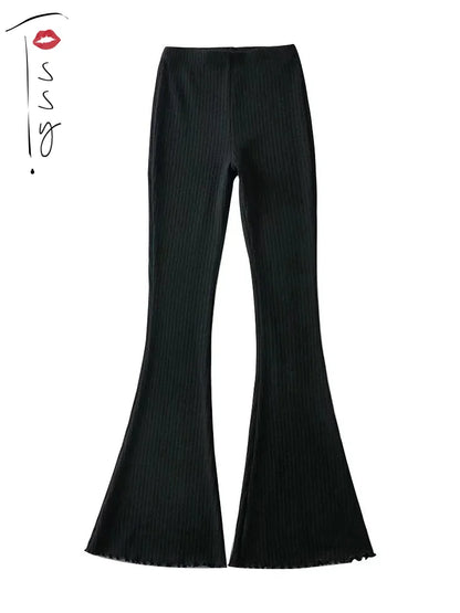 Knitted High Waist Flare Pants for Ribbed Leggings Female Stretchy Bodycon Trousers
