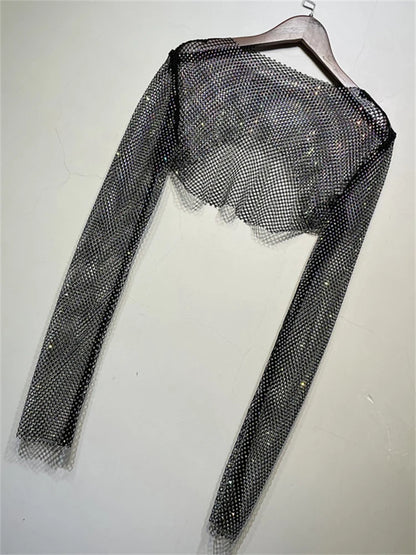 Sparkly Crystal Crop Tops for Fishnet Hollow Out See Through Cropped Coat Evening Night Club Top Party Wear