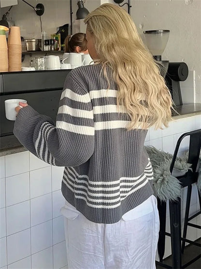 Striped Knitwear Top Female Loose Autumn High Waist Contrast Knit Sweater Slim Patchwork Pullover