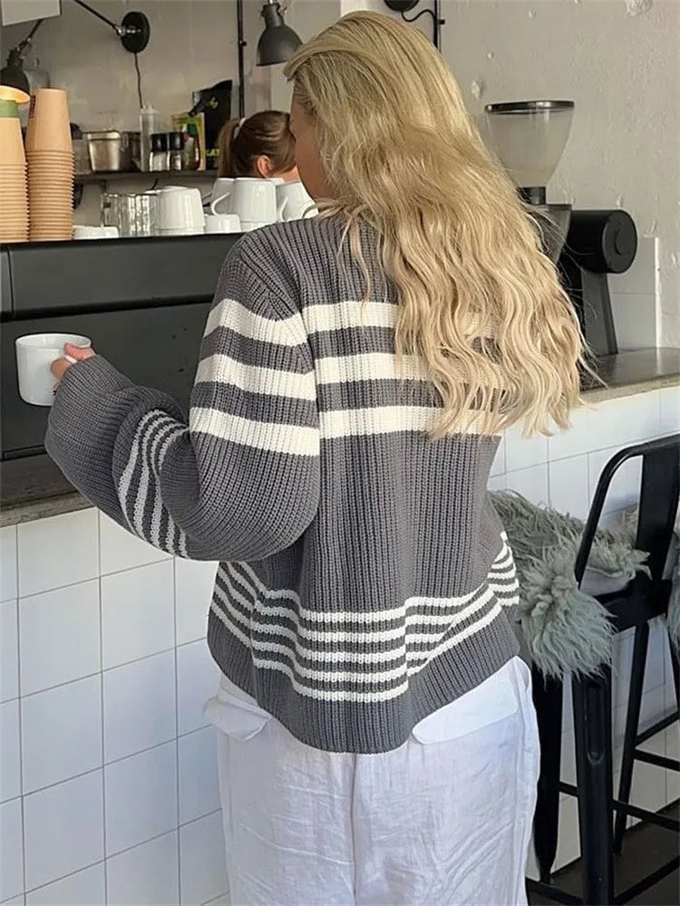 Striped Knitwear Top Female Loose Autumn High Waist Contrast Knit Sweater Slim Patchwork Pullover