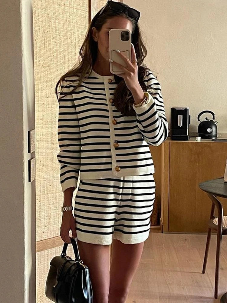 Striped Knit 2 Piece-set Shorts Zebra Printed Cardigan and High Waist Patchwork Shorts Sets Knitwear Outfits