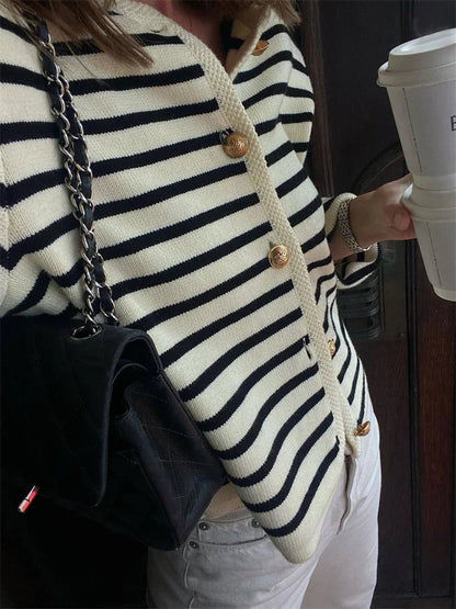 Striped Knit Sweater Cardigan Coat Female Loose Long Sleeve Slim Patchwork Contrast Outwear Summer Knitwear Coat