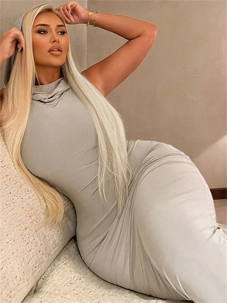 Summer Female Slim Long Dress Hoodie Split Sleeveless Maxi Dress Festival Outfits One Piece Dress