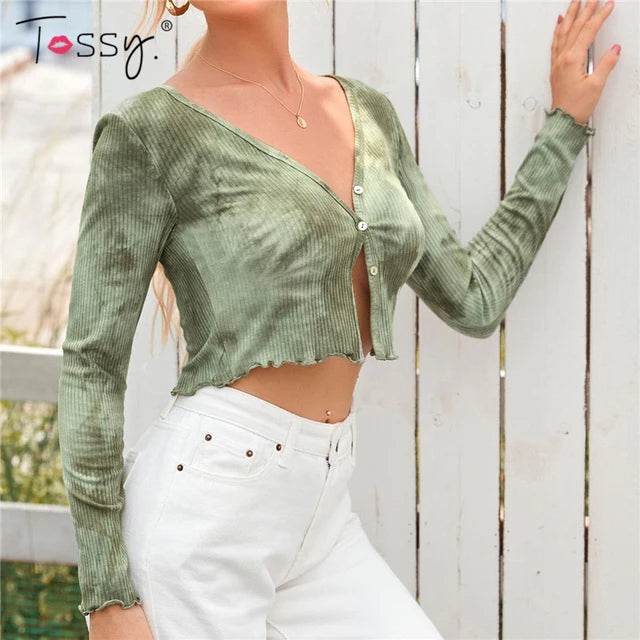Tie Dye Print Crop Top White Ribbed Top Long Sleeve Spring V-neck Outfits Knitwear Cardigan