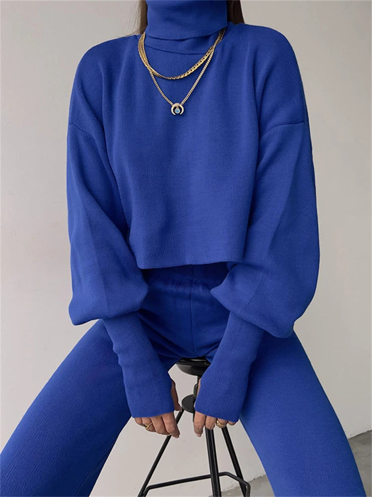 Turtleneck Two Piece Outfits for Lantern Sleeve Cropped Top and Straight Leg Pants Sets Tracksuit Outfits