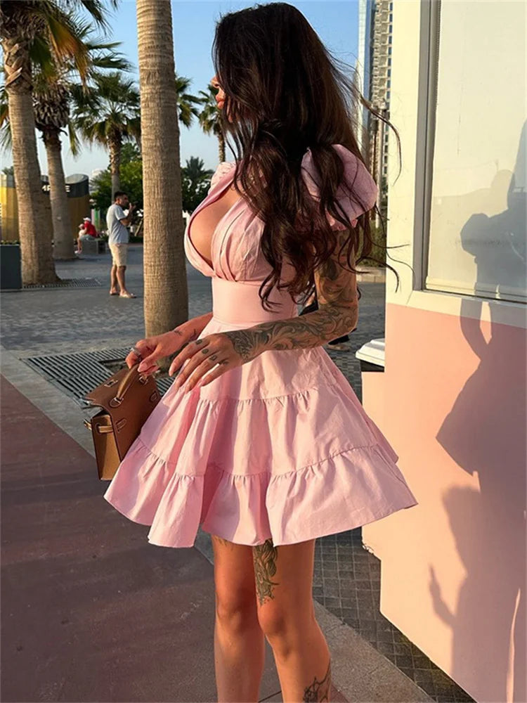 Ruffled Lace-up Slim Mini Dress