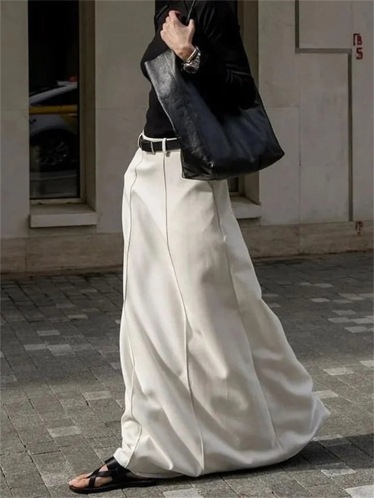 White High Waist Patchwork Long Skirt for Loose Pocket Summer Female Maxi Skirt