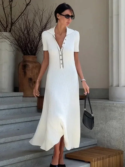 White Knit Maxi Dress for Short Sleeve Patchwork Party Dress Lapel High Waist Knitwear ’s Dress