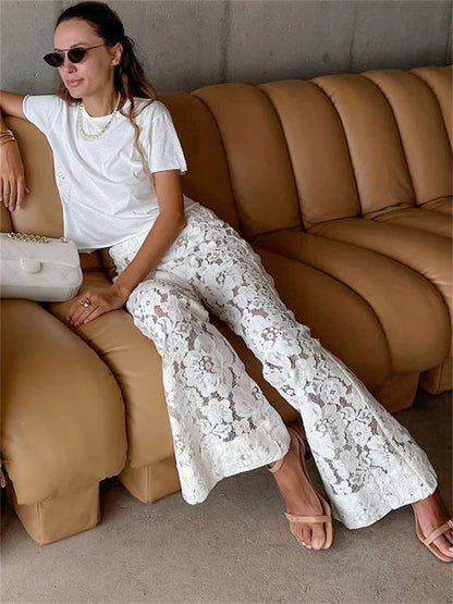White Printed High Waist Straight Legg Patchwork Hollow Out Lace Pants Summer