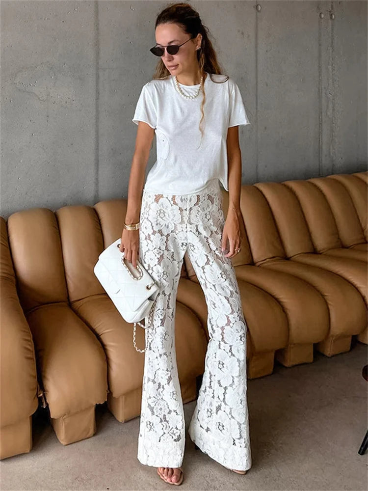 White Printed High Waist Straight Legg Patchwork Hollow Out Lace Pants Summer