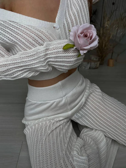 Knitted Sweater Outfits Buttons See-through Long Sleeve High Waist Knit Two Piece Trousers Outfits