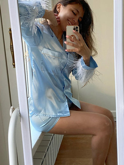 Feather Full Sleeve Pajama Sets Suits With Shorts Pocket Turn Down Collar Nightwear Single Breasted Outwears