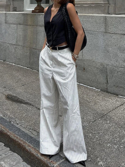 ’s Black White Stripe Wide Leg Pants New High Waist Zipper Loose Work Business Pants With Pockets