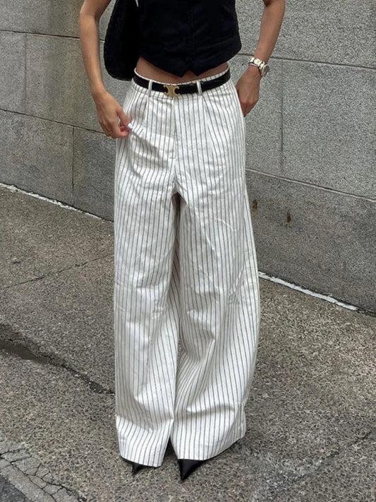 ’s Black White Stripe Wide Leg Pants New High Waist Zipper Loose Work Business Pants With Pockets