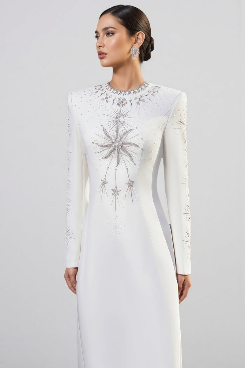 Zayden White Rhinestone Beaded Maxi Dress