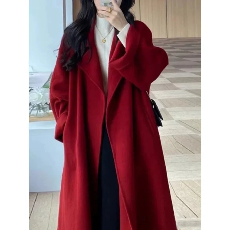 Red Loose-fit Medium-length Woolen Spring New Thickened Short Coat