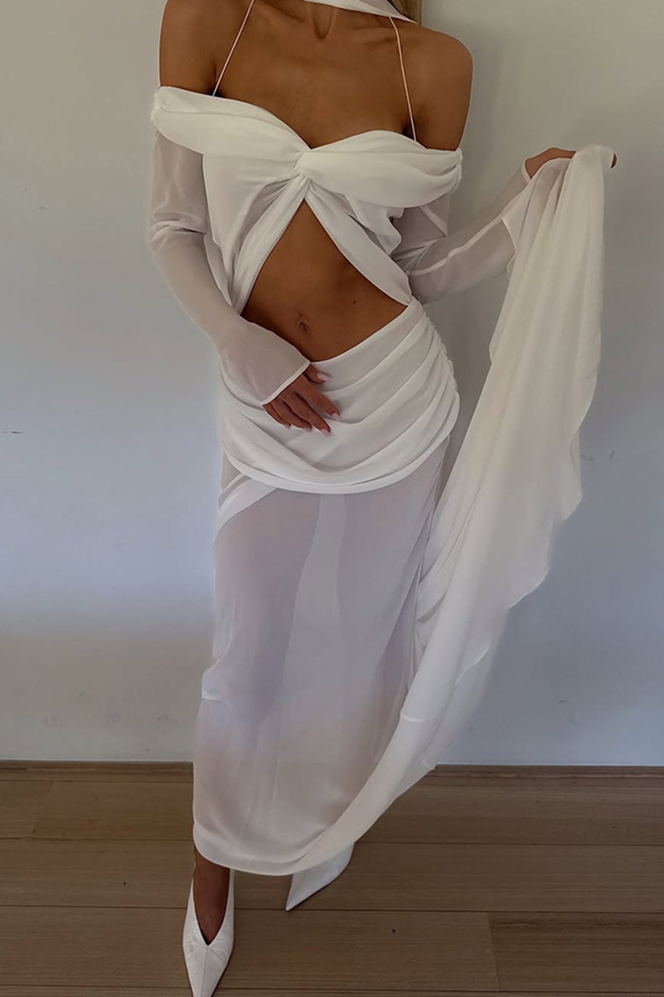 Twisted Off-shoulder Cutout Chiffon Maxi Dress