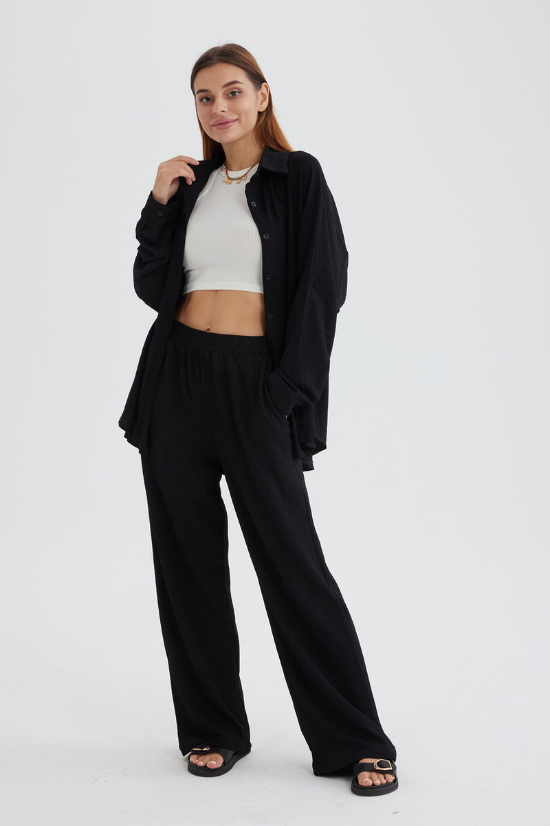 Two Piece Color Long Sleeve Shirt Long Pants Set