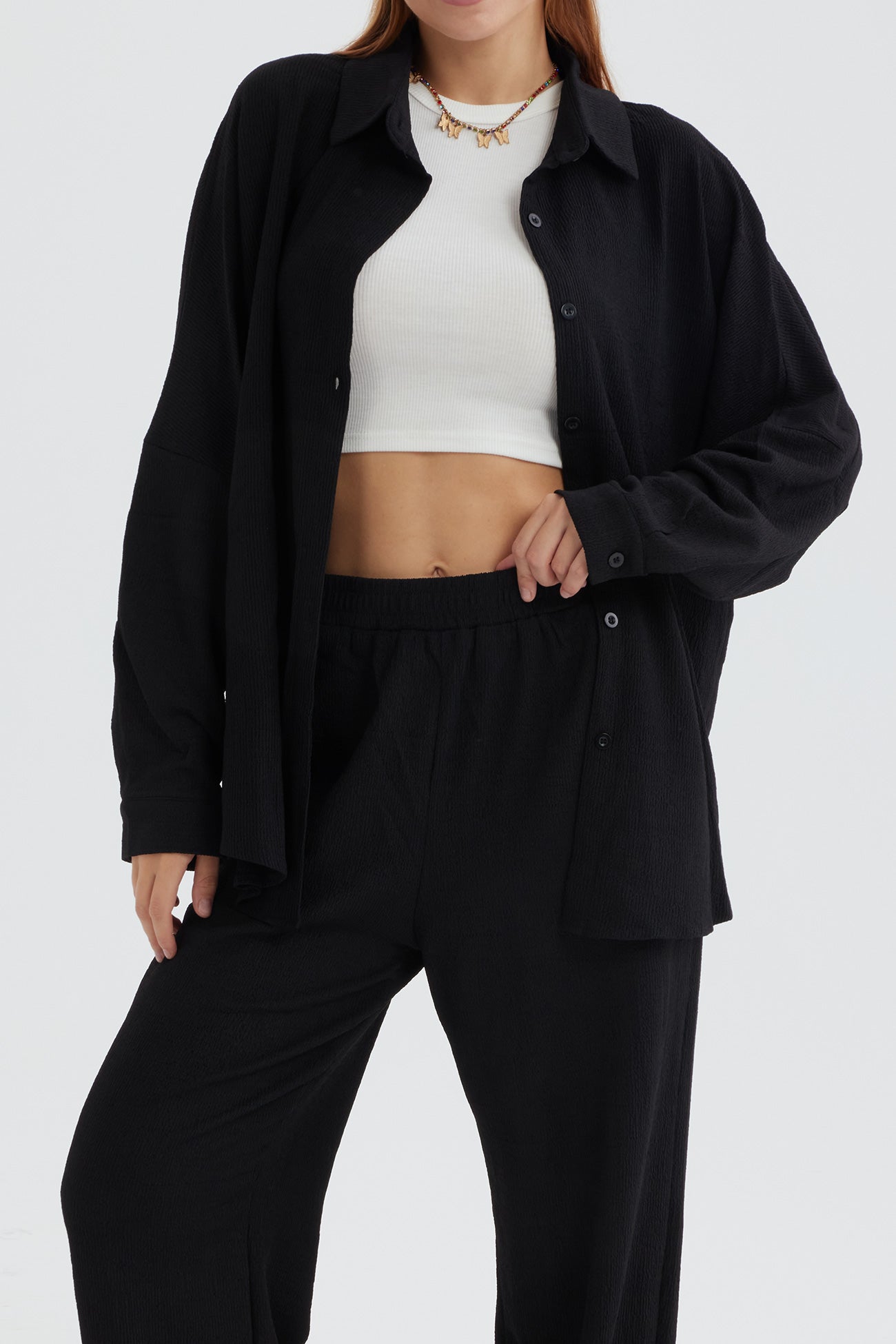 Two Piece Color Long Sleeve Shirt Long Pants Set