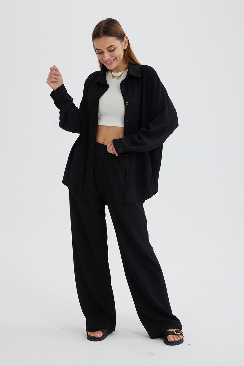 Two Piece Color Long Sleeve Shirt Long Pants Set