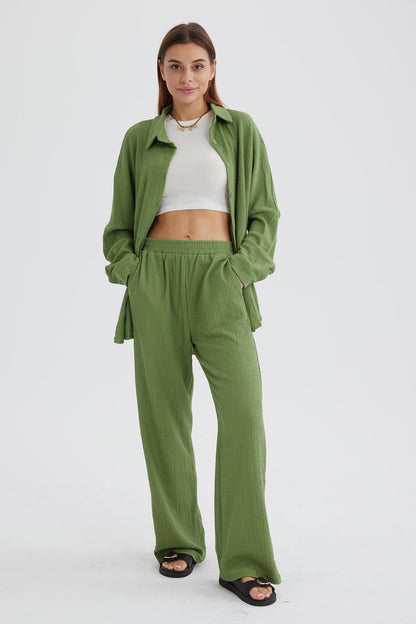Two Piece Color Long Sleeve Shirt Long Pants Set