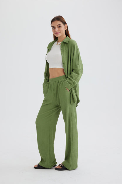 Two Piece Color Long Sleeve Shirt Long Pants Set