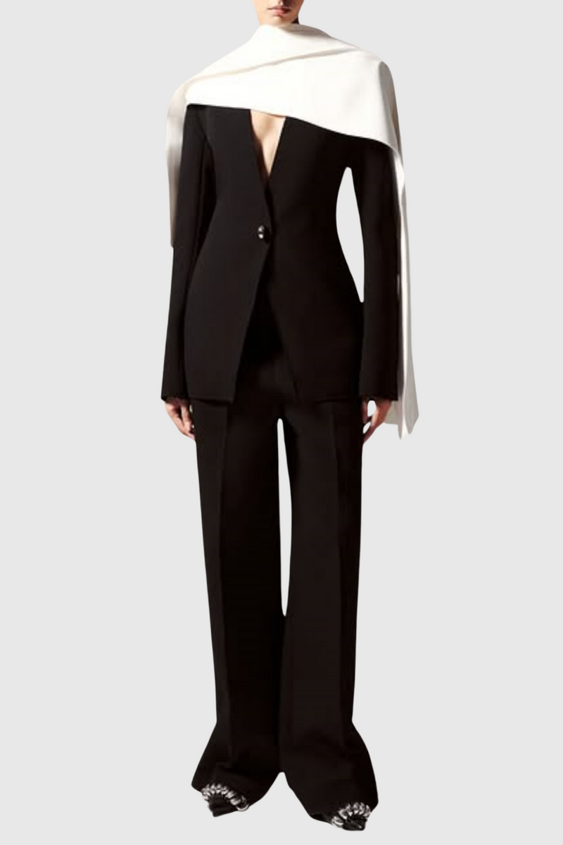 Tyanne Asymmetrical Shoulder Pleat Blazer Two Piece Set - Black