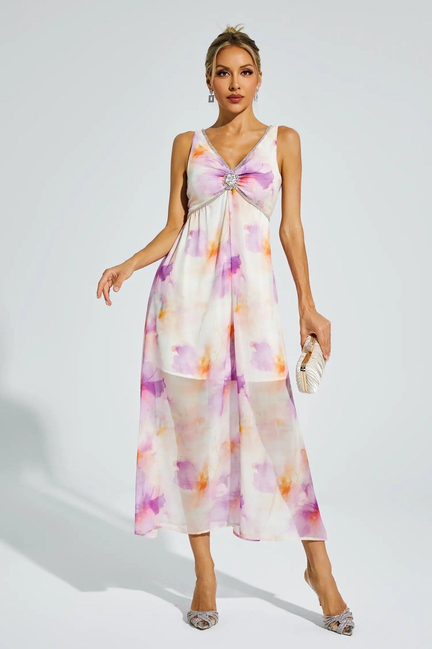 Tyler Purple Diamond V Neck Midi Dress