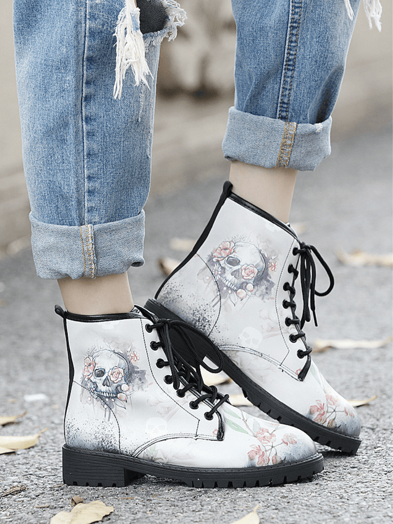 En Bloom | Skull- Ankle Flat Combat Boots - White