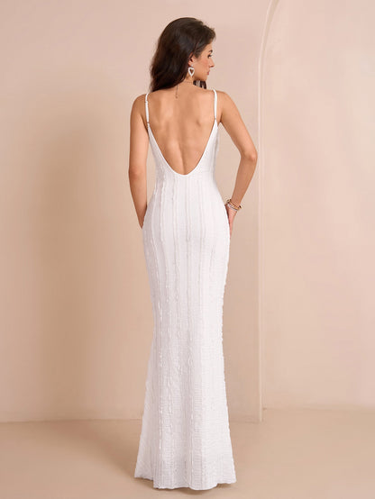 V-neck Backless Knitted Jacquard Mermaid Hem Cami Dress