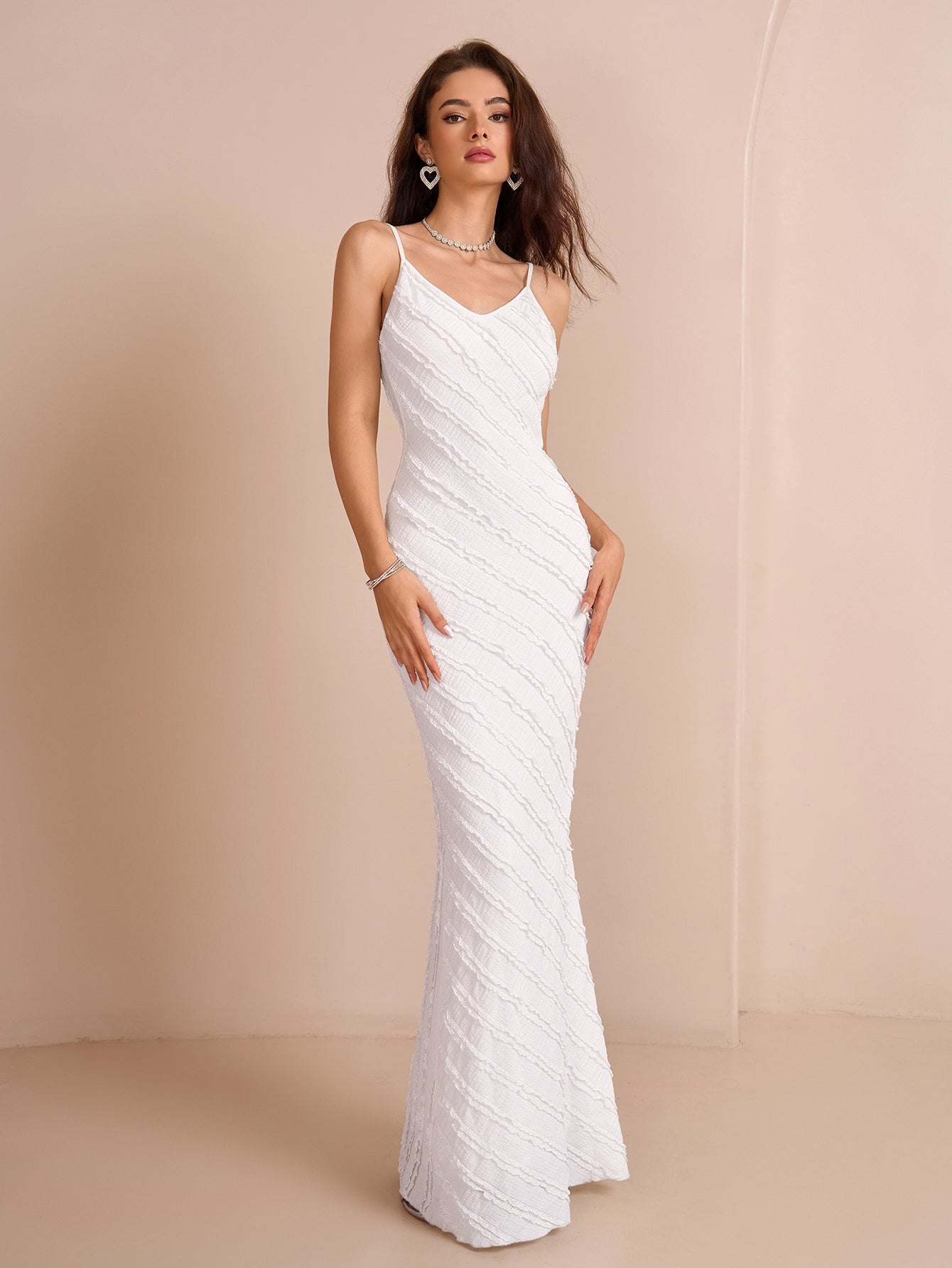 V-neck Backless Knitted Jacquard Mermaid Hem Cami Dress
