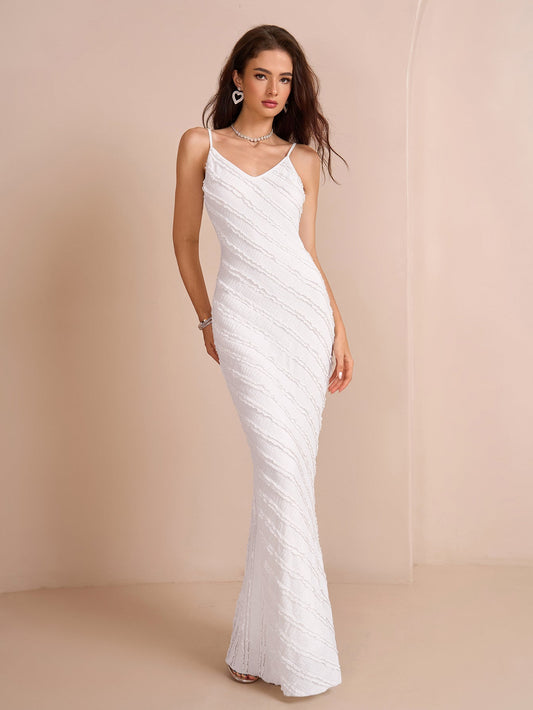V-neck Backless Knitted Jacquard Mermaid Hem Cami Dress