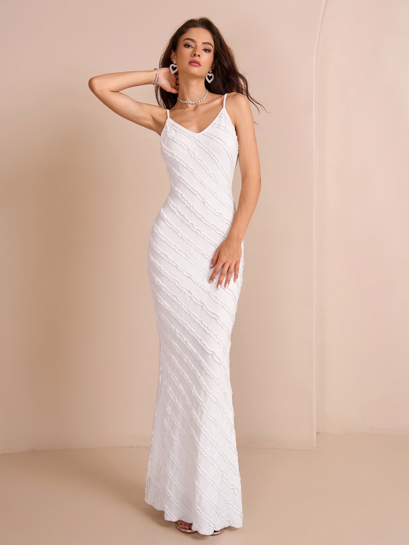 V-neck Backless Knitted Jacquard Mermaid Hem Cami Dress