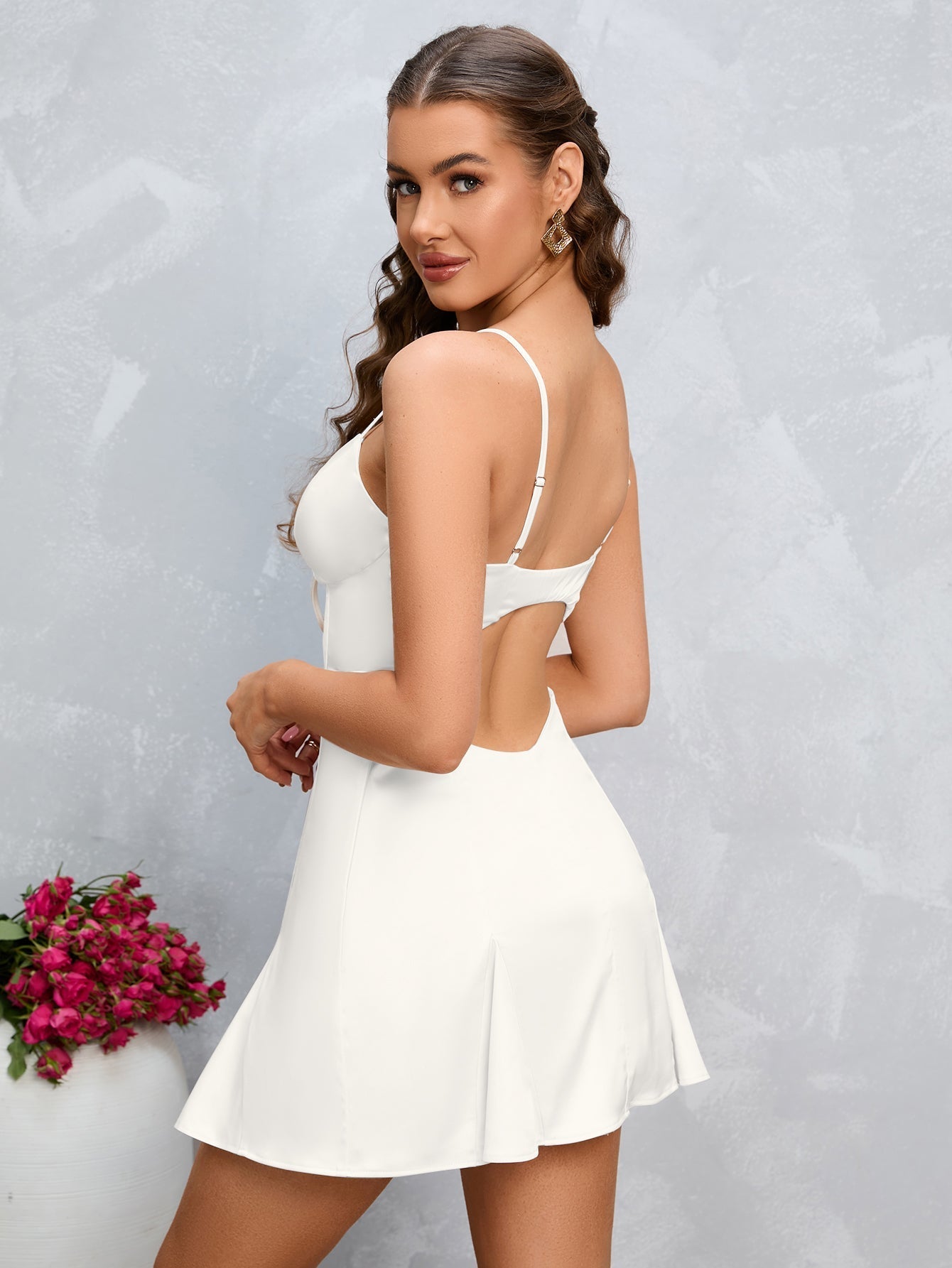V-neck Cut Out Godet Hem Mini Dress