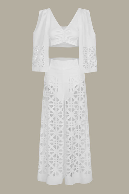 V Neck Fake Two-piece Crop Top Hollow Out Pants Set